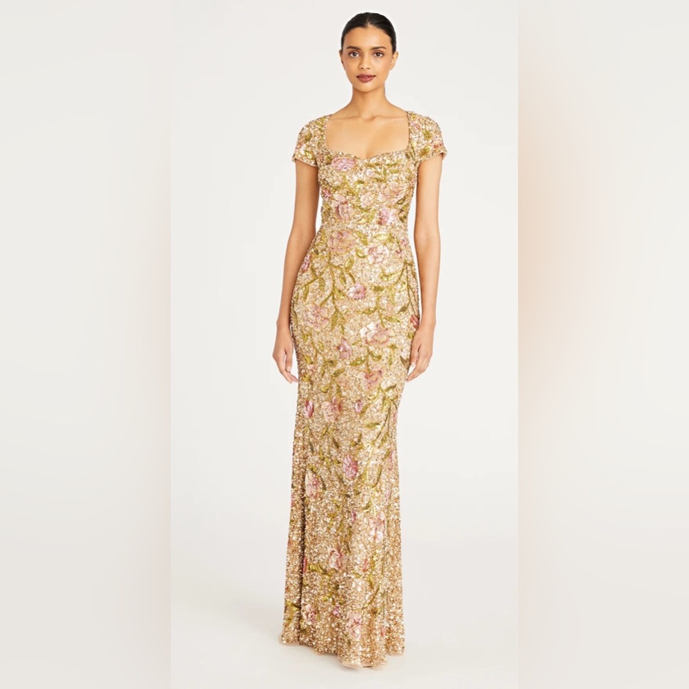 Theia sequin gold floral dress